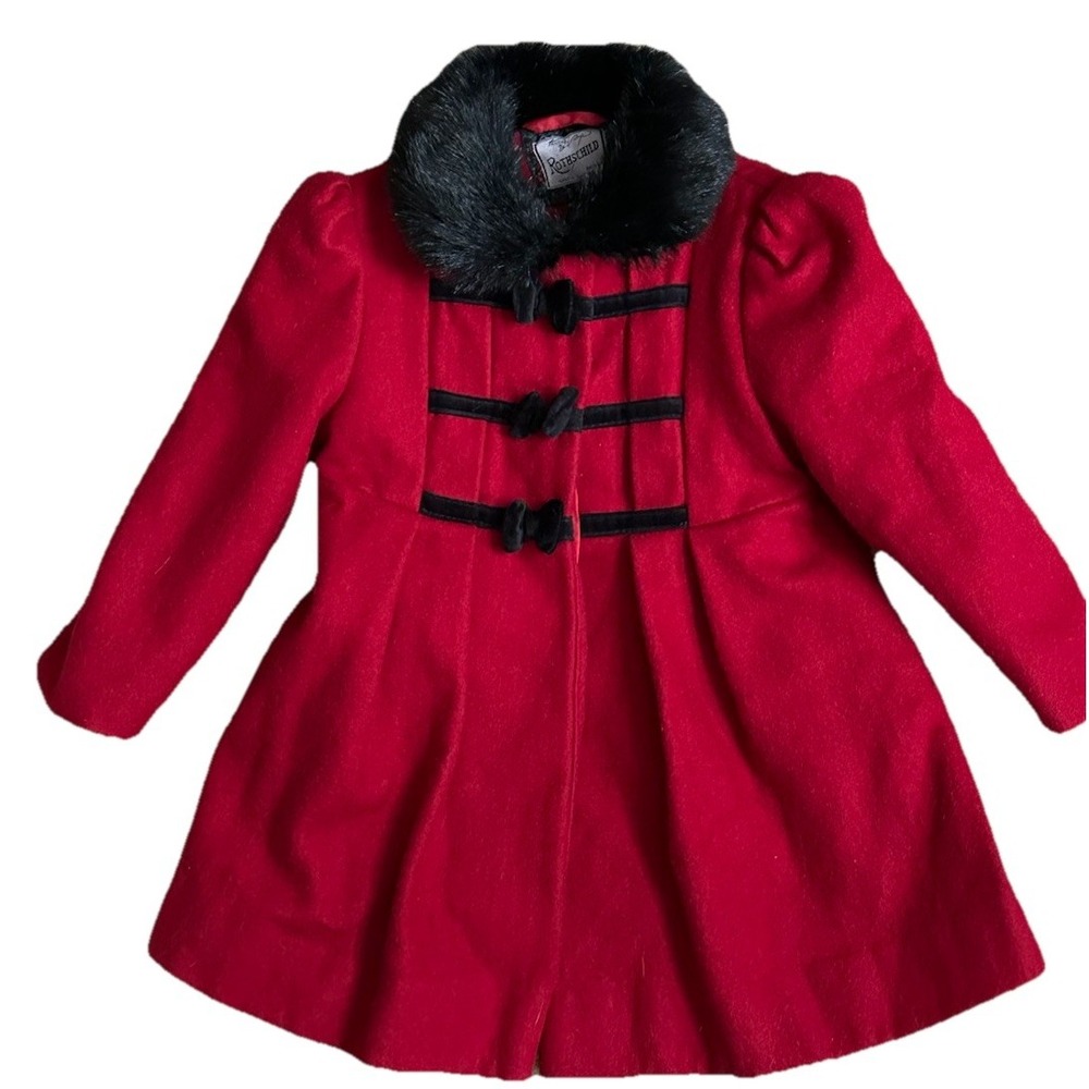 Rothschild Girls‎ Coat Sz 18 mo Red w/ Black Trim Bow Wool Blend Faux Fur Collar